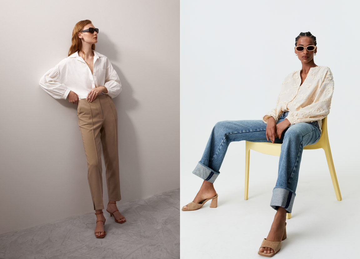 Montagem de duas fotos com mulheres usando camisa neutra e calça.