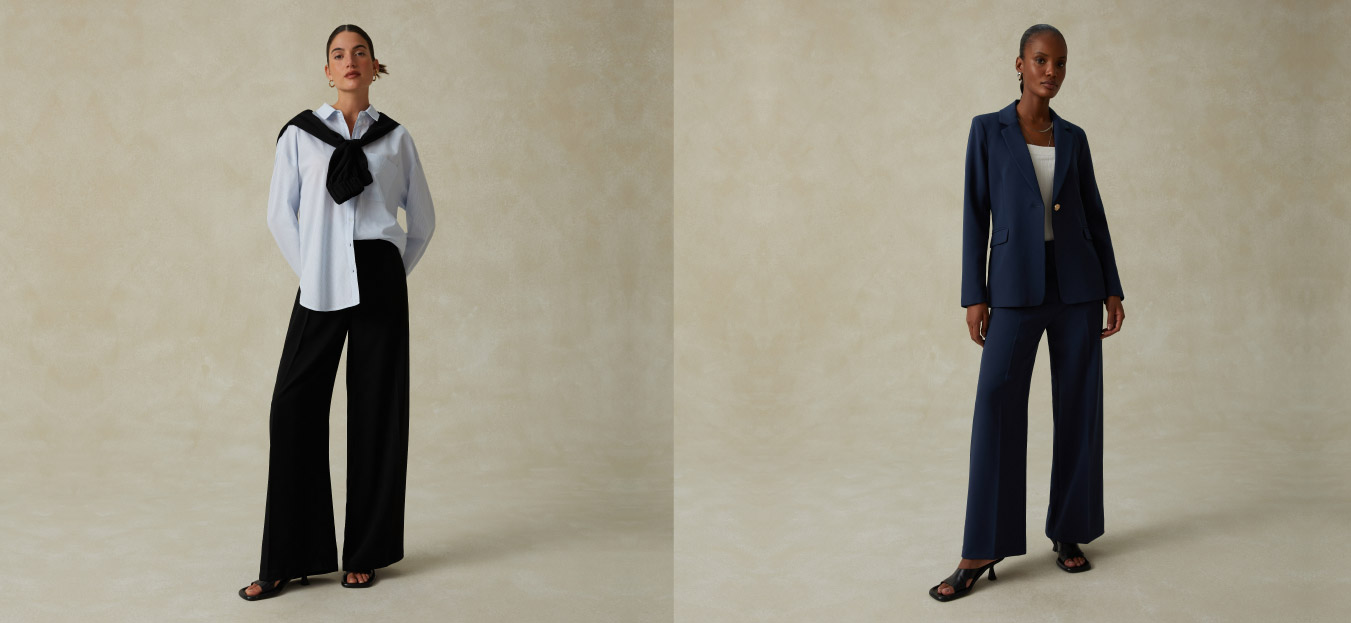 Montagem com duas fotos de mulheres usando camisa e blazer.