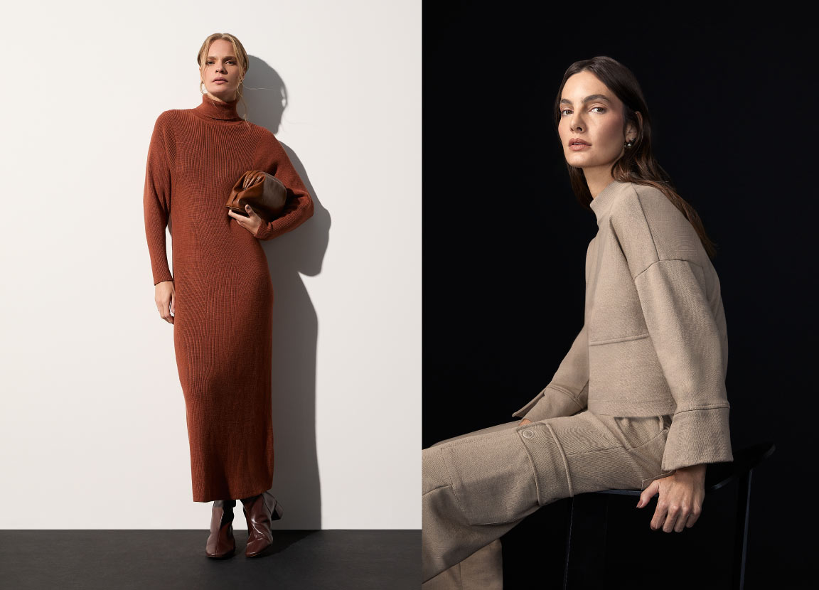 modelos com roupas em tons neutros representando look atemporal feminino