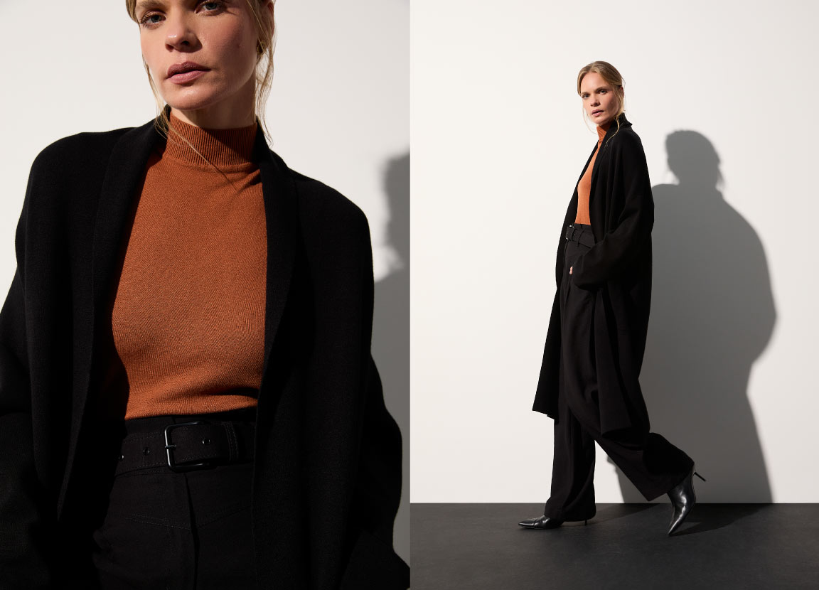 moelo com cardigan preto, blusa laranja e calça preta