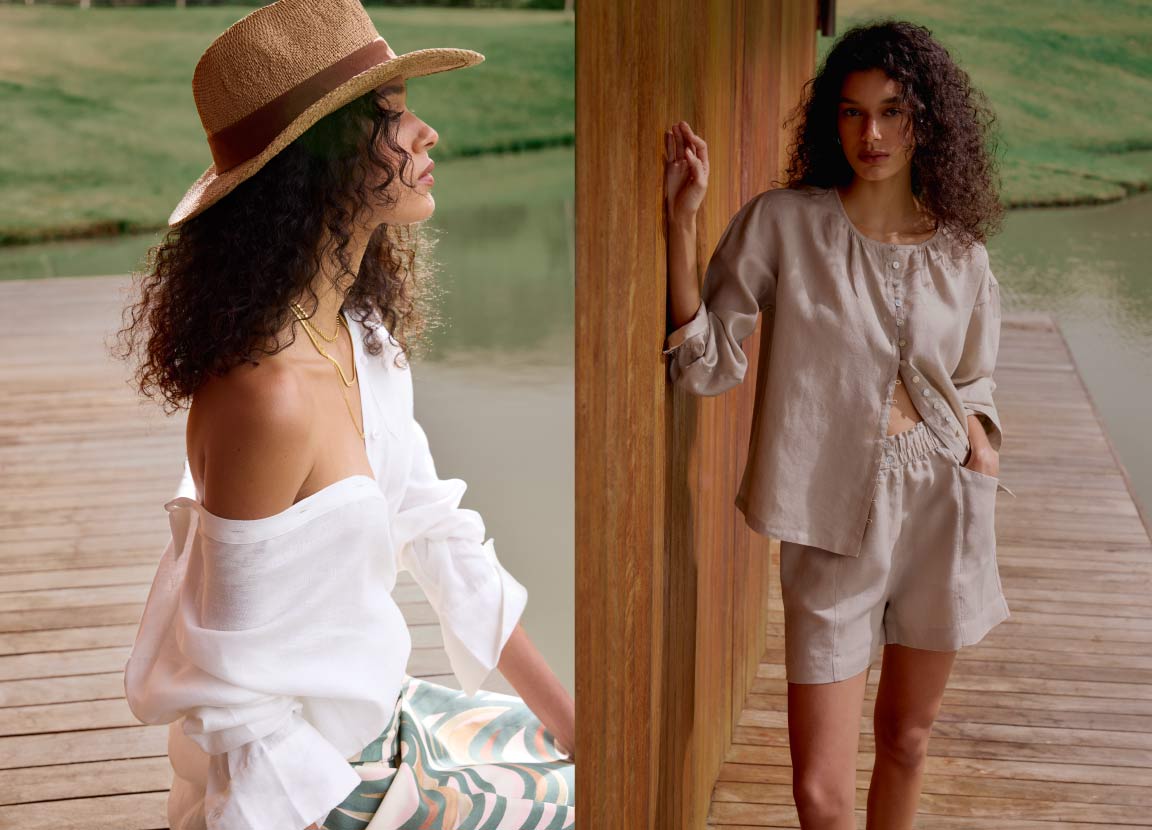 Montagem de fotos com duas mulheres usando roupas de linho.