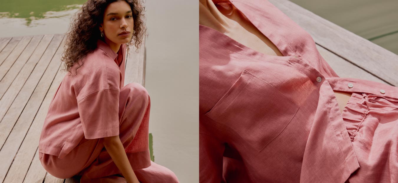 Montagem de fotos com modelo usando roupas rosa de linho.