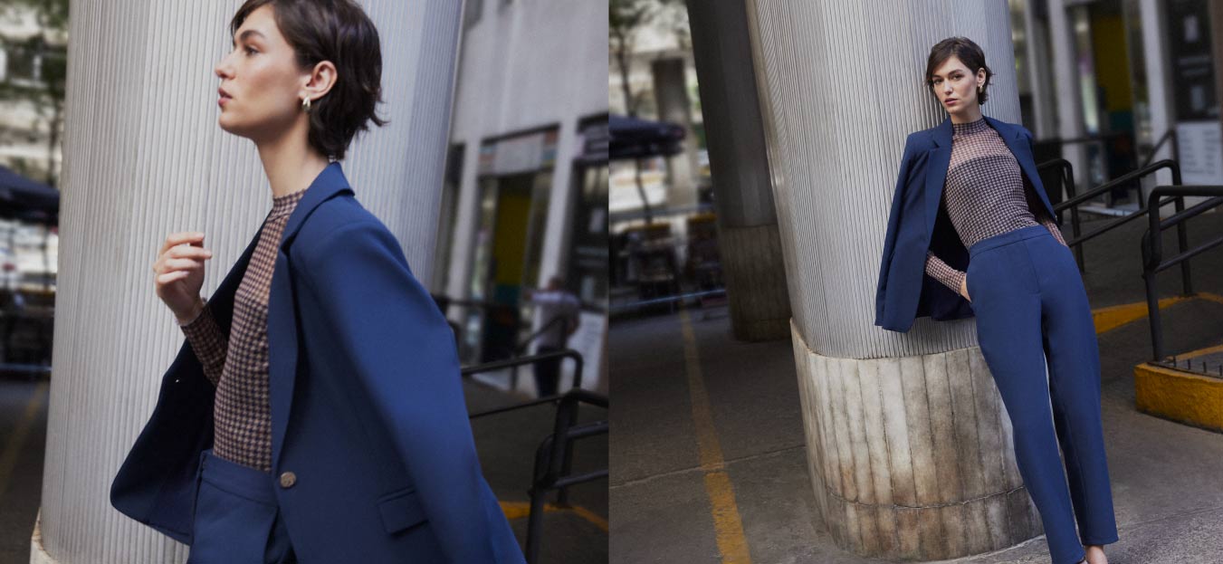 Montagem com fotos de uma modelo usando roupa de alfaiataria azul.