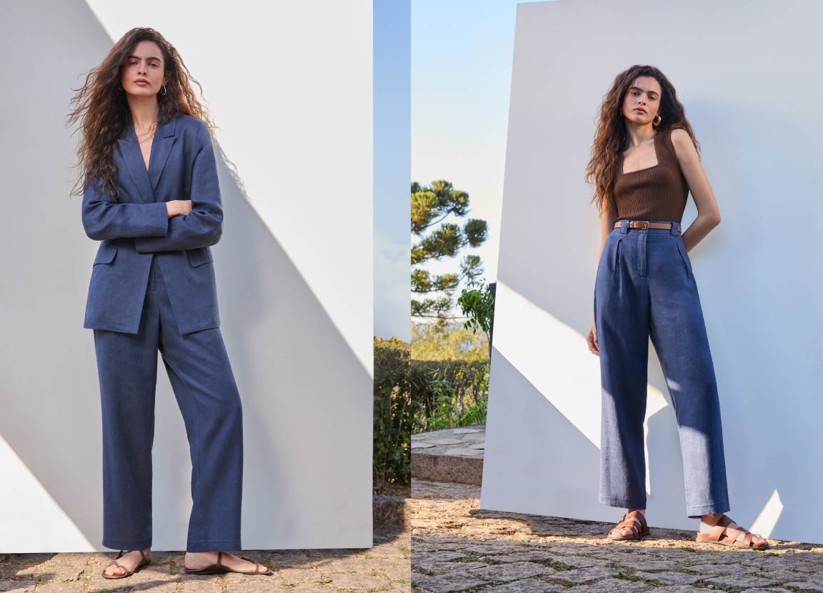 Montagem com fotos de modelo usando roupas de linho.