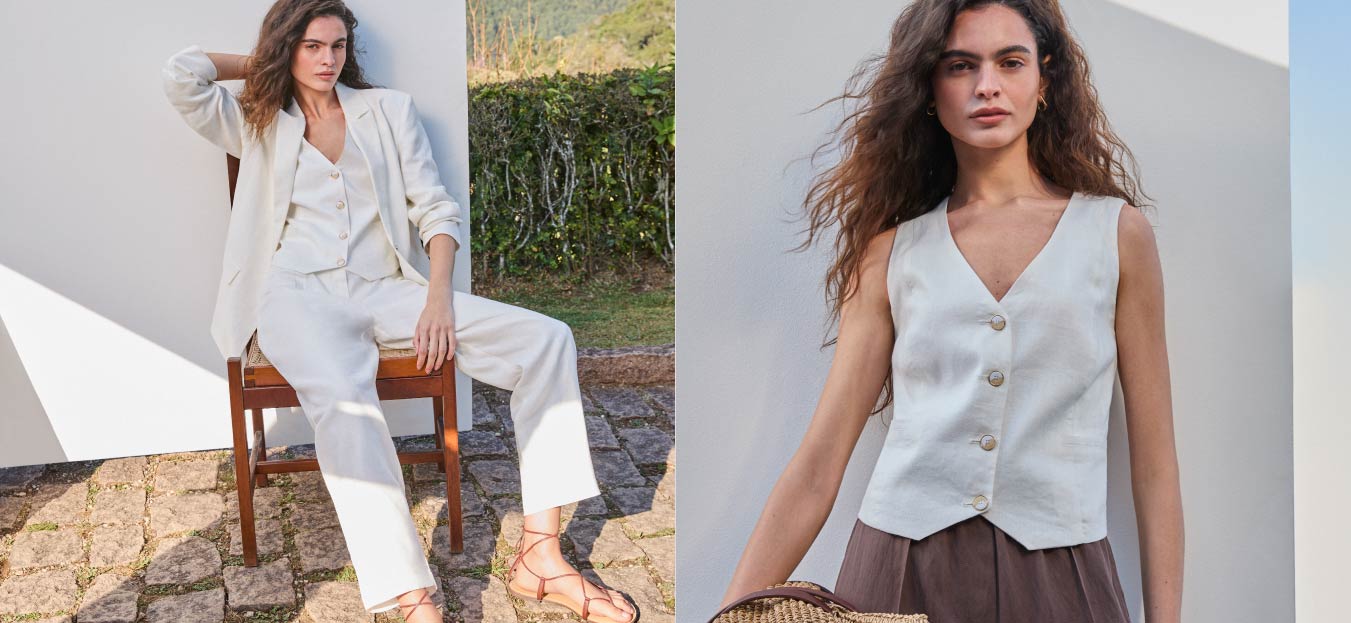 Montagem com fotos de modelo usando roupas de linho em tons claros.