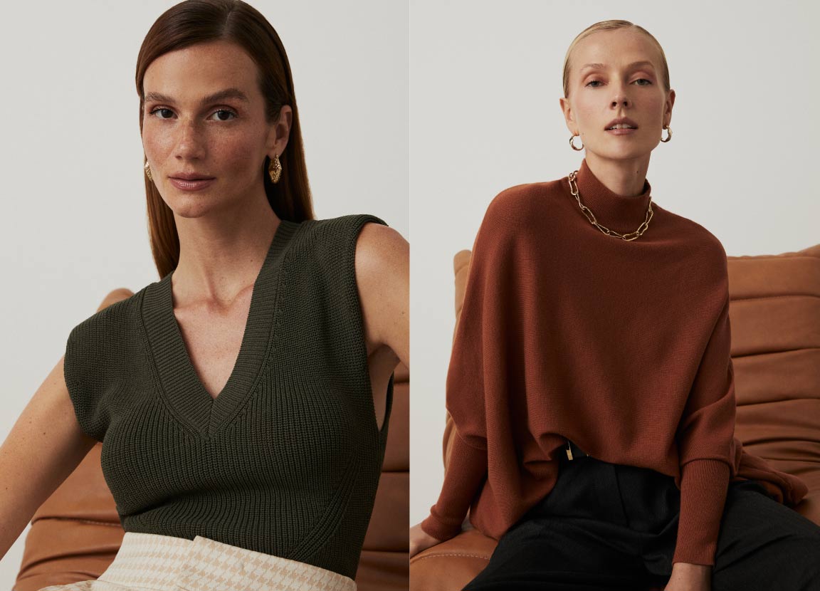 Montagem com duas fotos de mulheres usando roupas nas cores do outono.