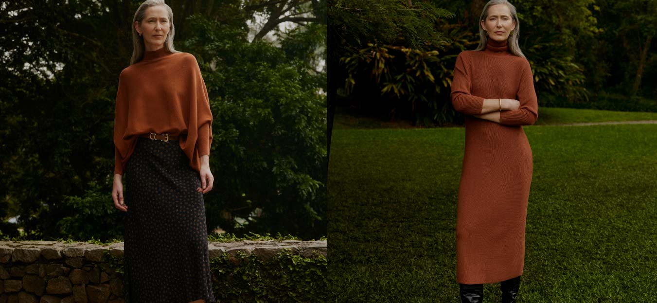 Montagem de fotos de uma mulher usando roupas nas cores do outono.