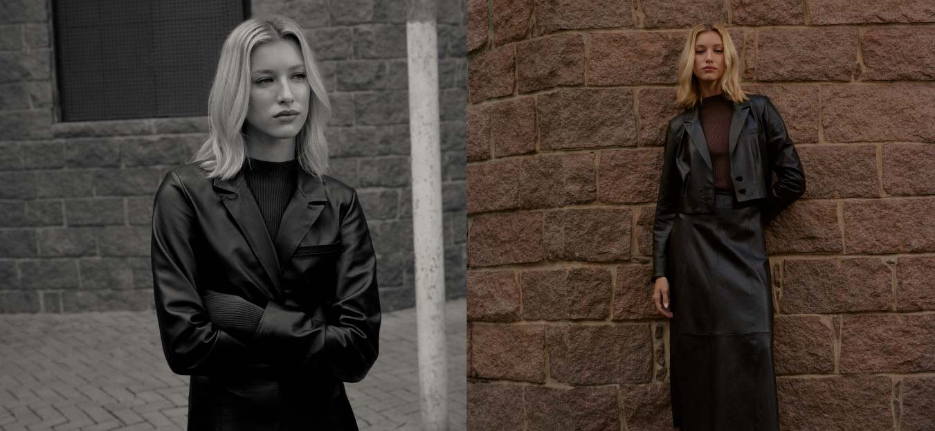 Montagem com duas fotos de uma modelo de cabelos curtos e loiros, usando jaqueta de couro preta, saia midi preta e blusa preta.