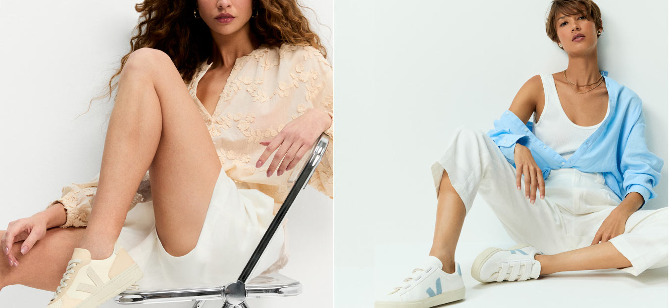 Montagem de fotos com duas modelos usando tênis Veja. Uma com shorts e camisa e outra com camisa e calça.