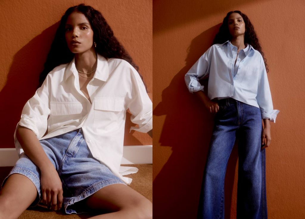 Montagem de fotos com uma modelo usando roupas jeans.