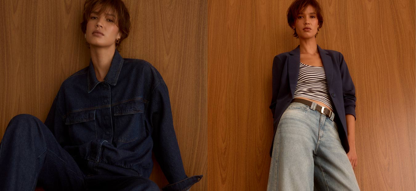 Montagem de fotos de uma modelo usando roupas jeans.