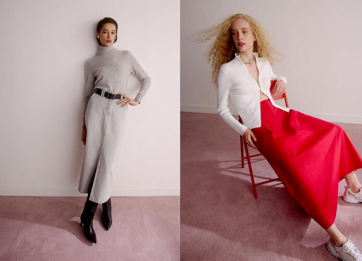Montagem de duas mulheres usando looks com saia longa, uma jeans e outra vermelha.