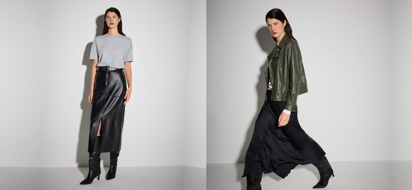 Montagem de fotos de modelo usando dois looks com saia longa preta.