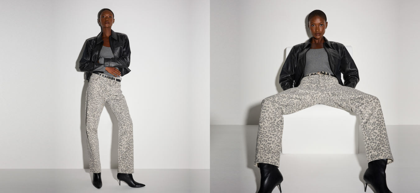 Montagem de foto de uma modelo usando calça com estampa de onça, blusa cinza e jaqueta de couro.