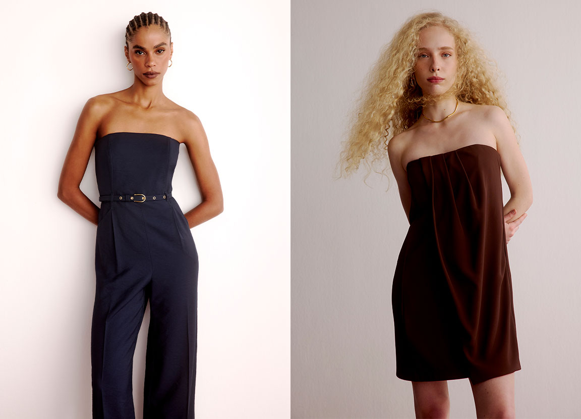 Montagem com duas fotos de mulheres usando roupa azul e marrom.