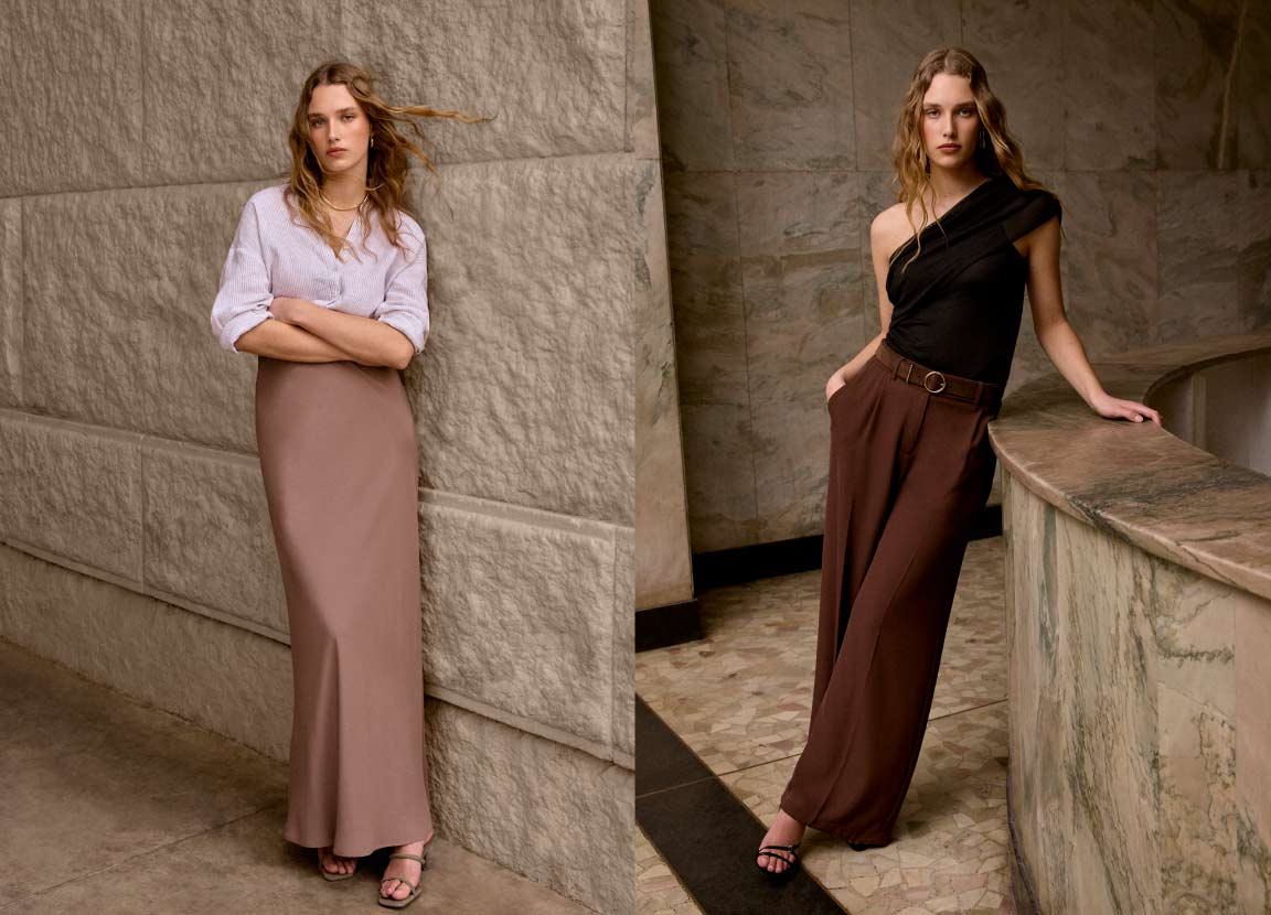 Montagem de fotos de mulher usando roupas básicas para o dia a dia, como camisa branca, saia bege, blusa preta e calça marrom.
