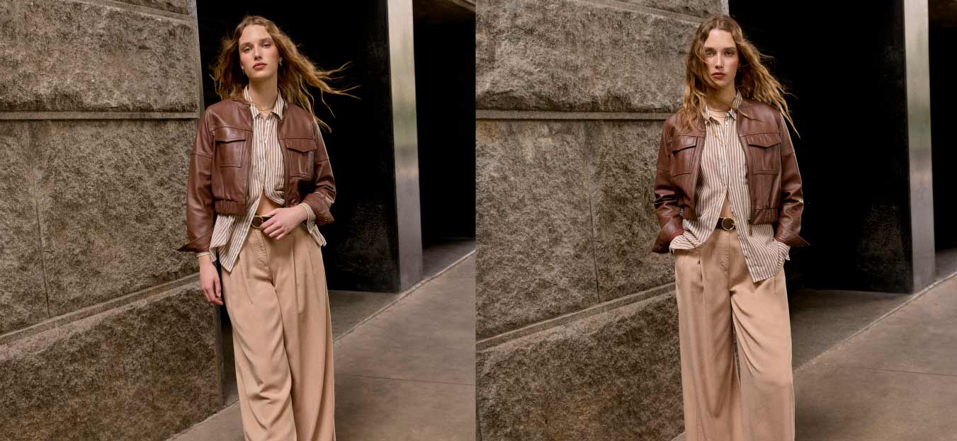 Montagem de fotos de modelo usando roupas básicas para o dia a dia: calça bege, jaqueta marrom e camisa clara.