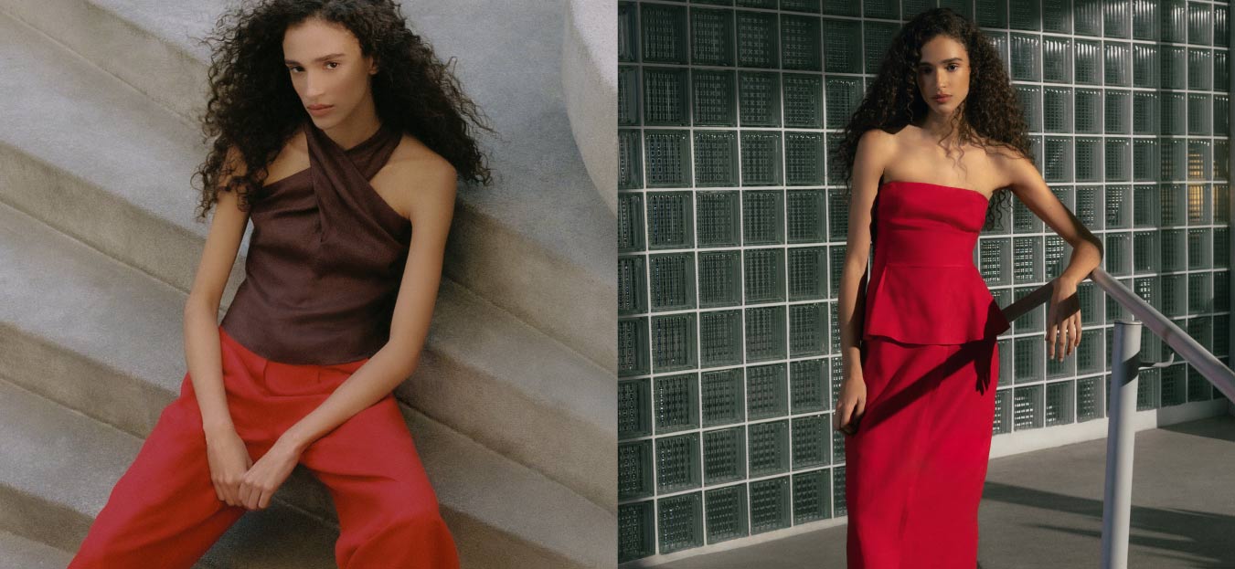 Montagem com modelo usando look com calça vermelha e vestido vermelho na segunda foto.