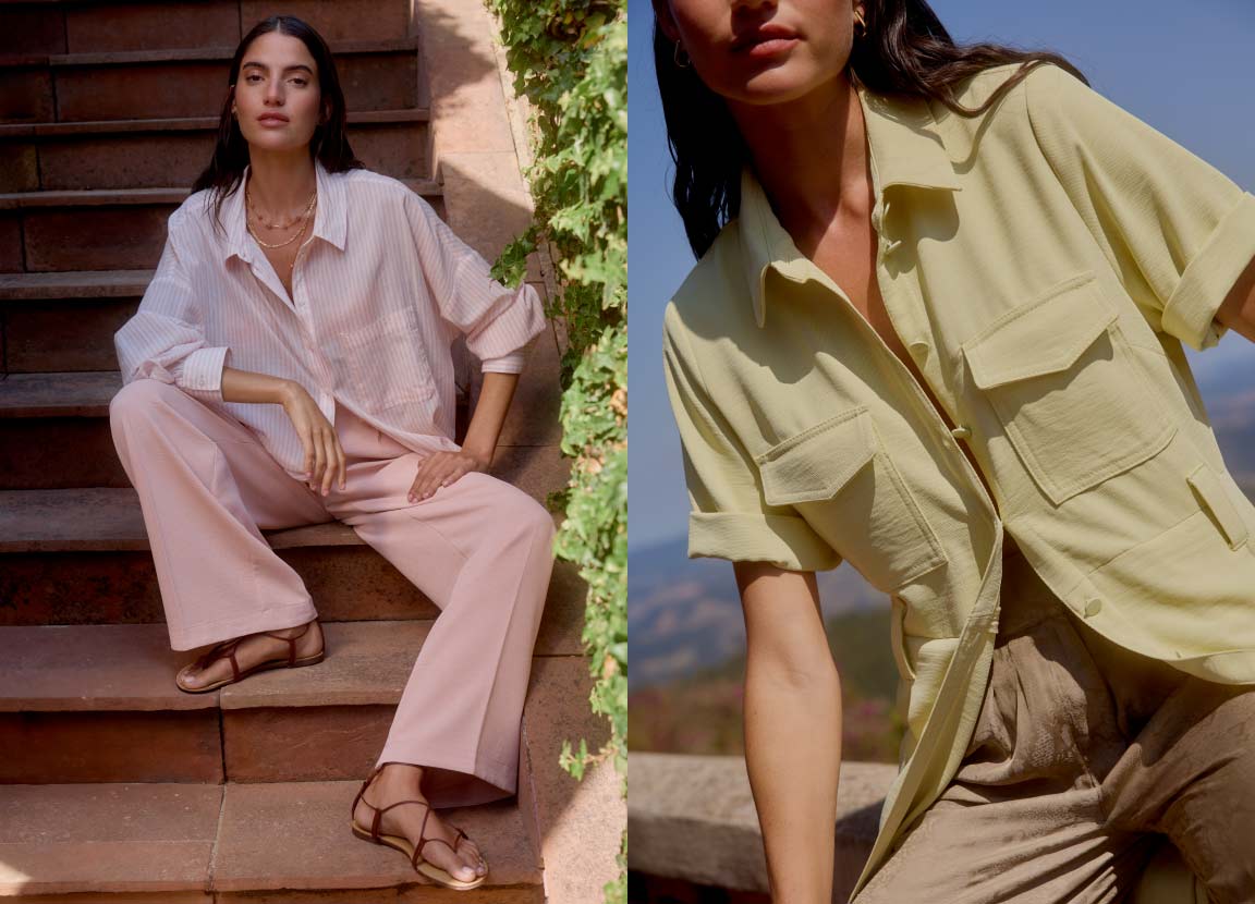 Montagem com duas modelos usando roupas em tons pasteis. A primeira usa camisa branca e calça rosa e a segunda camisa amarela e calça caqui.