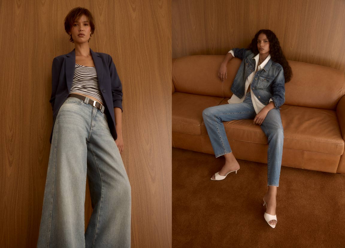 Montagem de foto com duas mulheres usando look com jeans.