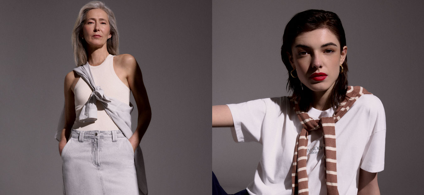 Montagem de fotos com duas modelos usando roupas básicas de tons neutros.