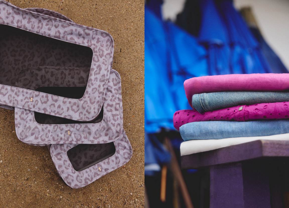 Montagem de duas fotos com peças de roupas dobradas e acessórios para arrumar mala de viagem.