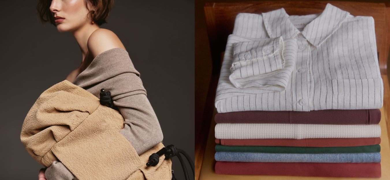 Montagem com duas imagens: uma mulher segurando uma bolsa e foto de camisas dobradas em uma pilha com 7 peças.