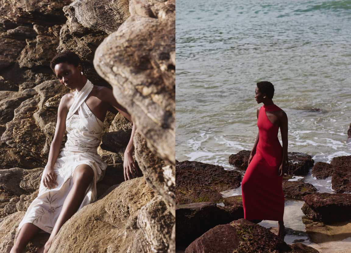 Montagem de foto com modelo na praia, usando vestidos midi.