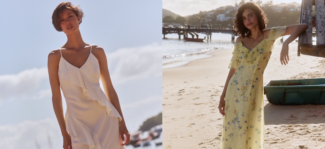 Montagem com duas fotos de modelo na praia usando vestido midi.