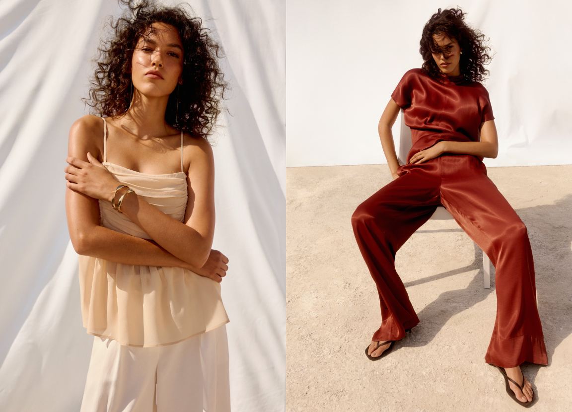 Montagem de duas fotos com modelos usando tecidos leves para o verão.