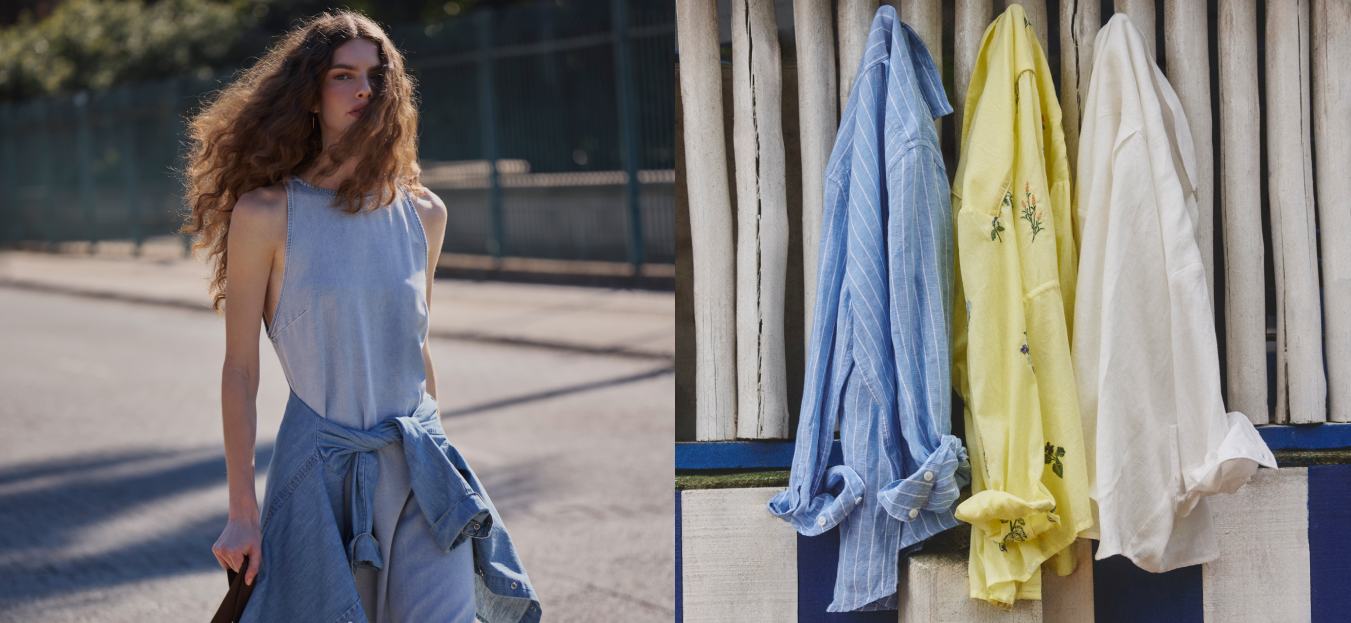 Montagem de fotos de uma modelo com look azul e outra foto com camisas penduradas.