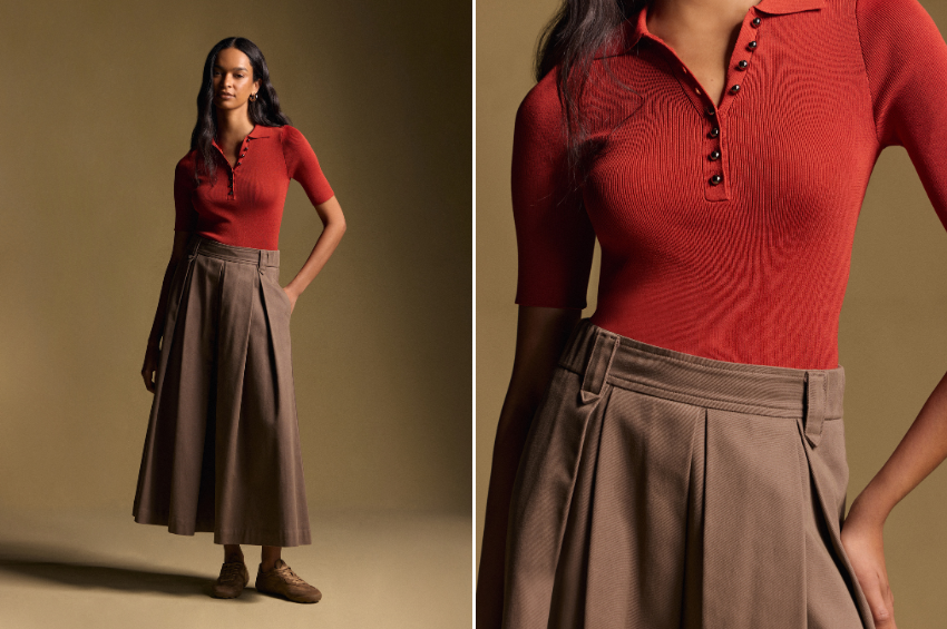 Como combinar tricot: ideias e truques de estilo para o dia a dia 3 mulher usando blusa de tricot manga curta vermelha com saia midi marrom shoulder