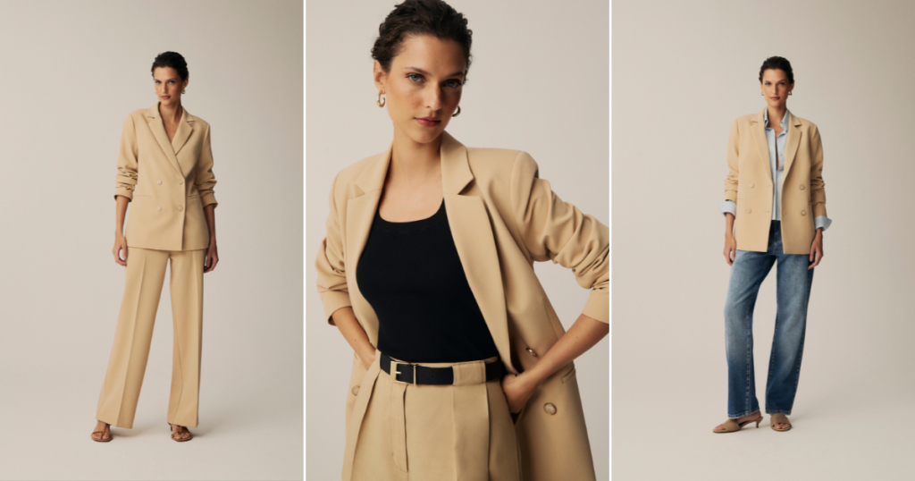 Alfaiataria: onde usar, como combinar e como escolher a sua peça 1 mulher branca usando conjunto de alfaiataria bege da marca shoulder
