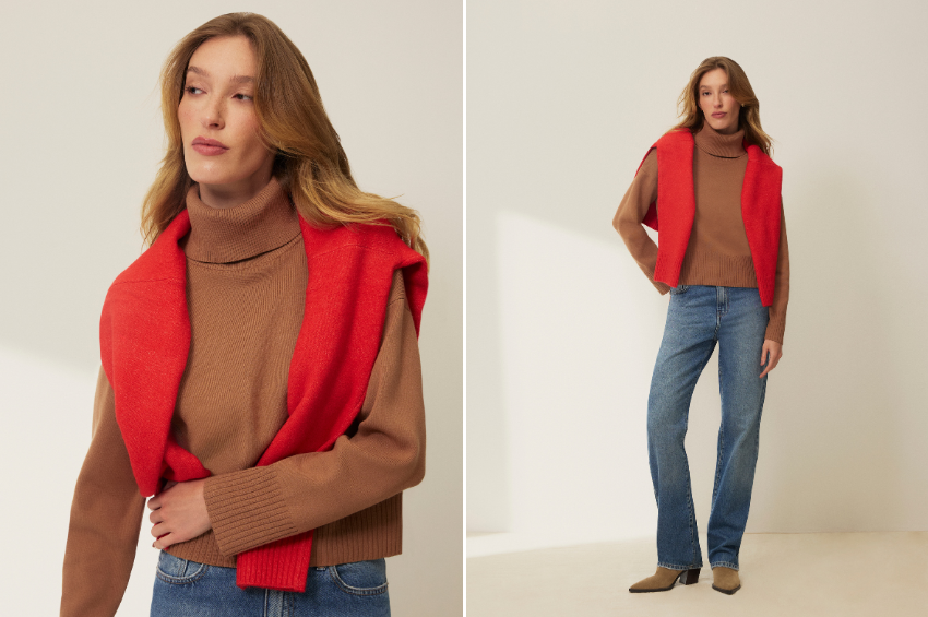 Como combinar tricot: ideias e truques de estilo para o dia a dia 1 mulher branca e loira usando suéter de tricot e calça jeans